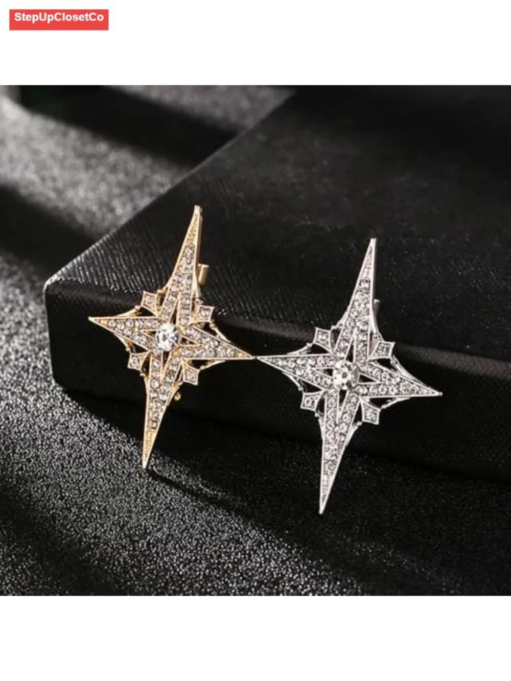 Gold Plated Rhinestone Cross Star Brooch Pin Sparkling Crystal Lapel Pin Jacket